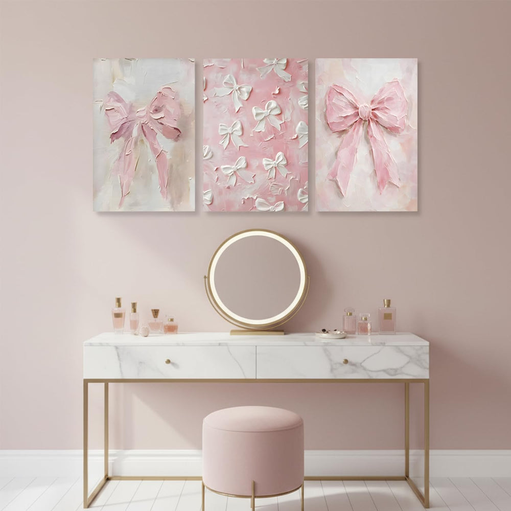 Pink Bow Canvas Wall Art Set of 3 Trendy Preppy Oil Painting Posters Wall Dec...