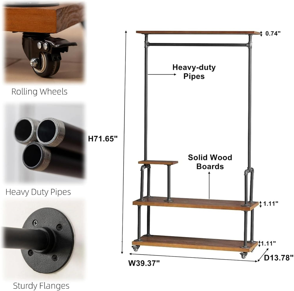 Industrial Pipe Clothing Rack, Rolling Clothes Rack, Wood Garment Rack
