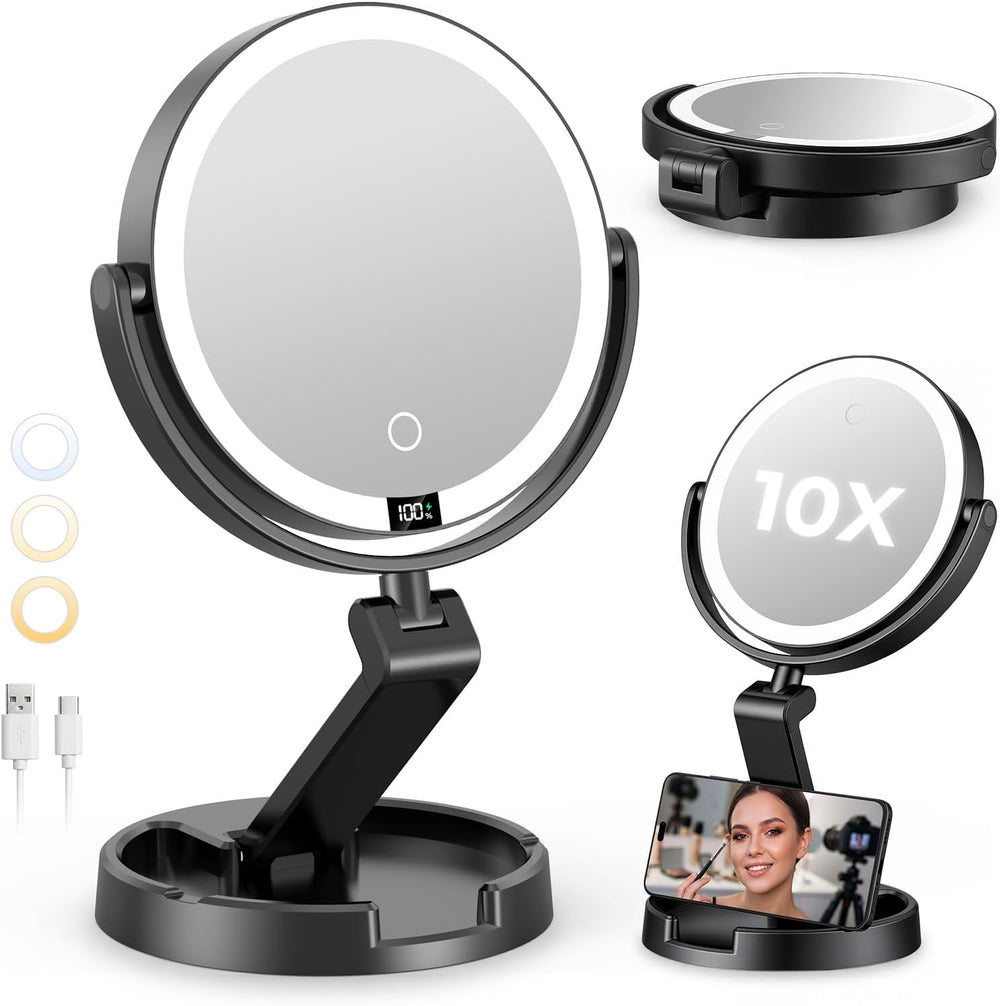Lighted Travel Makeup Mirror,1X/10X Magnification,3 Light Modes,Black