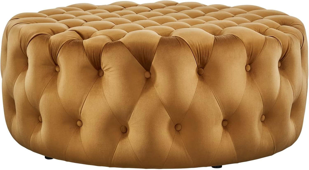 Modway Amour Tufted Button Large Round Performance Velvet Ottoman in Cognac