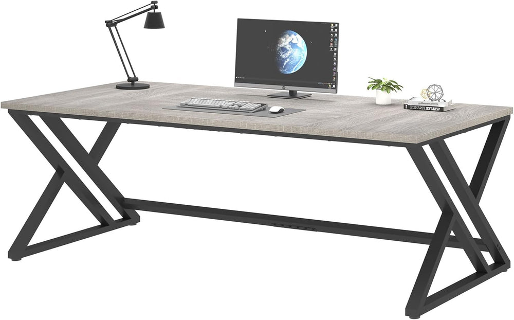 LVB Modern Long Office Desk, Large Wood Computer Desk Light Grey Oak 79 in