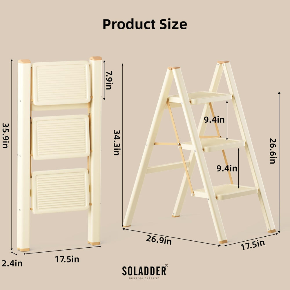 SOLADDER 3 Step Ladder, Folding Step Stool, Cream Chocolate