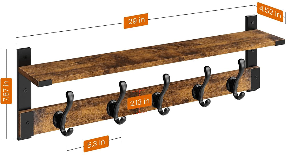 Homode Coat Rack Wall Mount, 29 Inch Long Shelf with Hooks, Rustic Brown