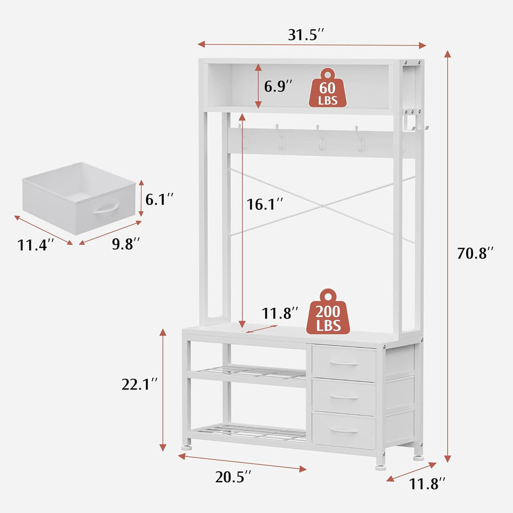 Hall Tree with Bench & 3 Drawers Storage 31.5" Coat Rack Entryway Or...