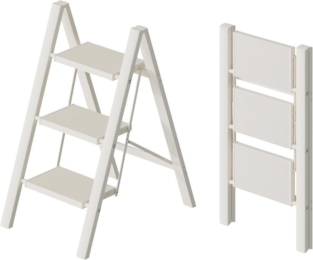 HillhutApex Aluminum Step Stool Foldable,3 Step Ladder (White)