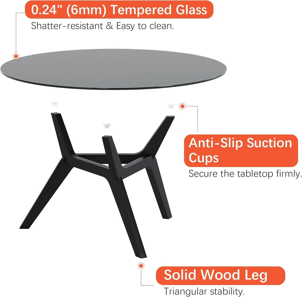 Vlsrka Round Glass Coffee Table, Soild Wood Base, 31.5" W, Black