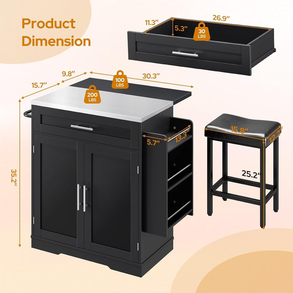 Concho 41" Kitchen Island with Stainless Steel Countertop and Seating Black