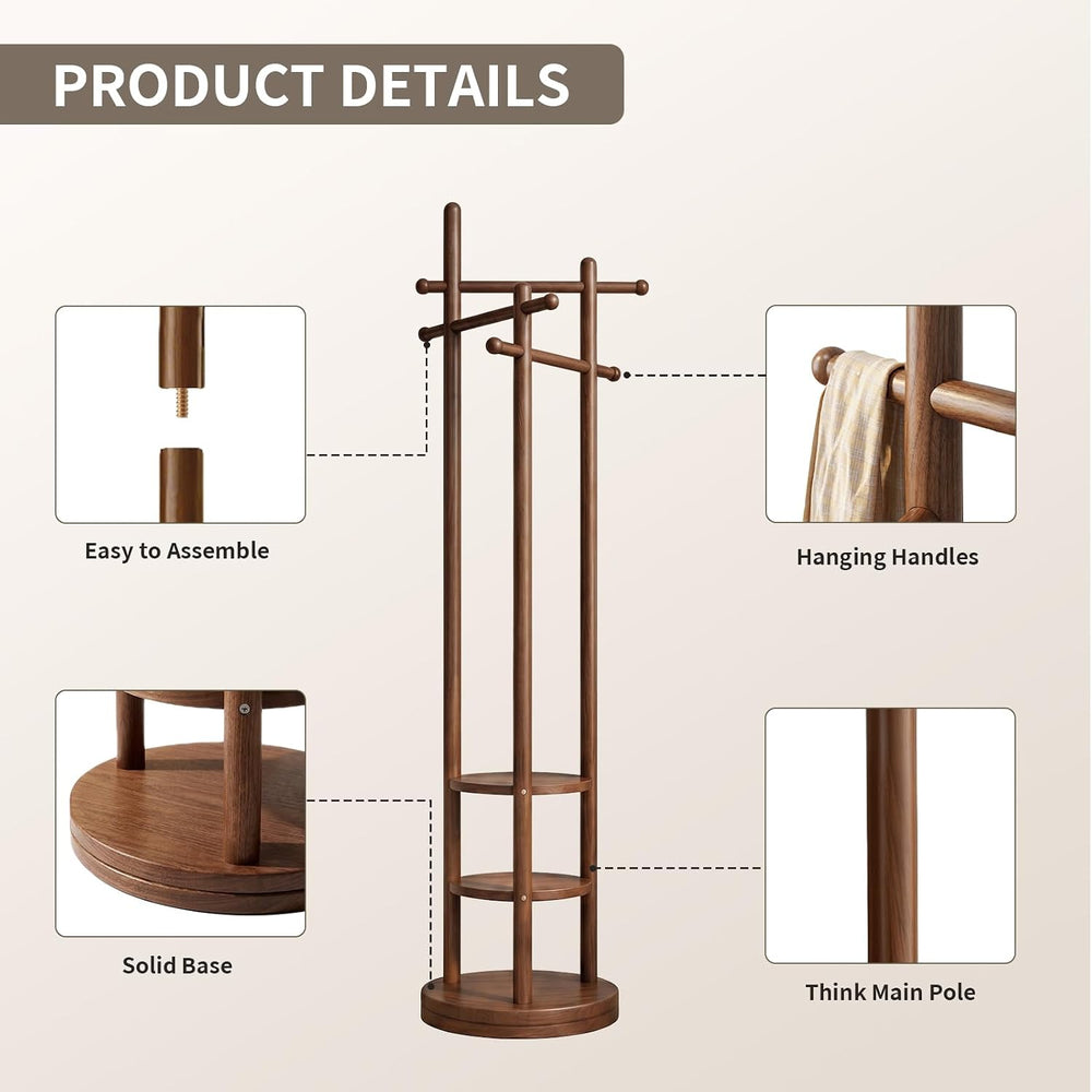 Coat Rack Freestanding, Solid Wood Coat Tree with 6 Hooks and 3 Storage Shelv...