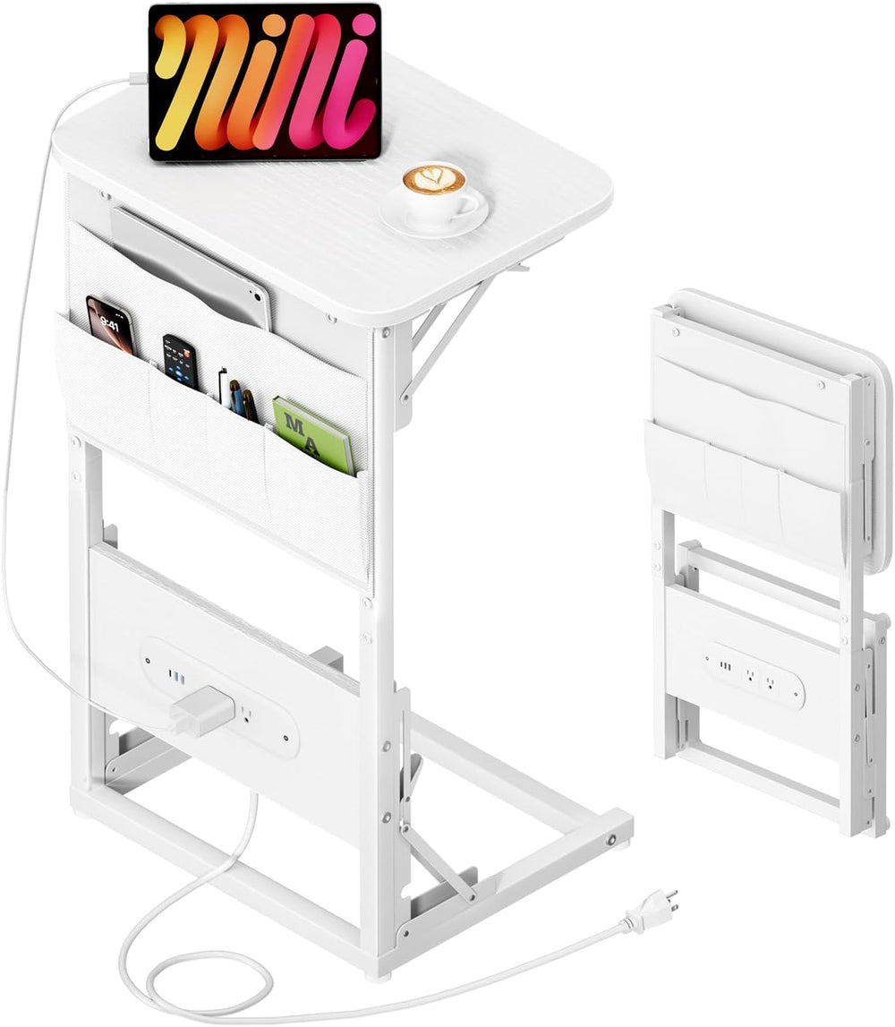 HLDIRECT C Shaped End Table with Charging Station & Storage Bag White