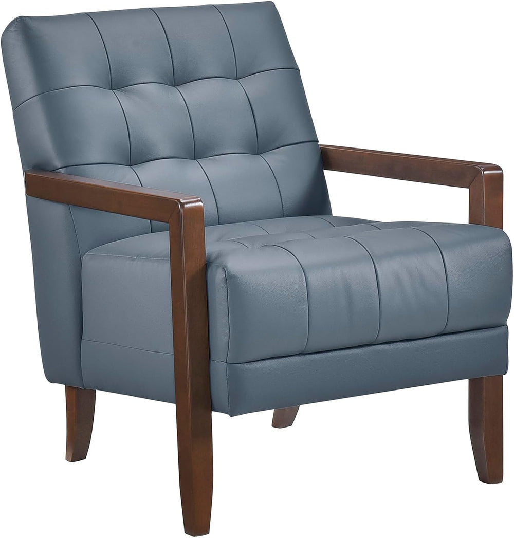 Lexicon Modern Leather Match Accent Chair,Tufted, Solid Wood Arms,Blue