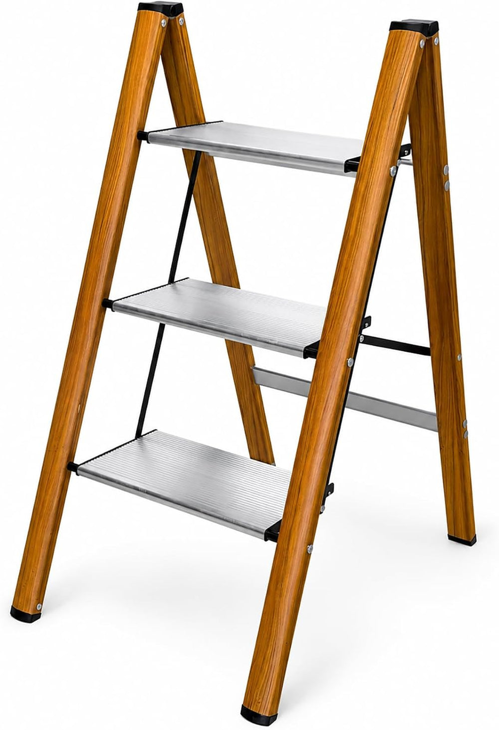 3 Step Ladder Lightweight Aluminum Folding Step Stool SilverWoodgrain