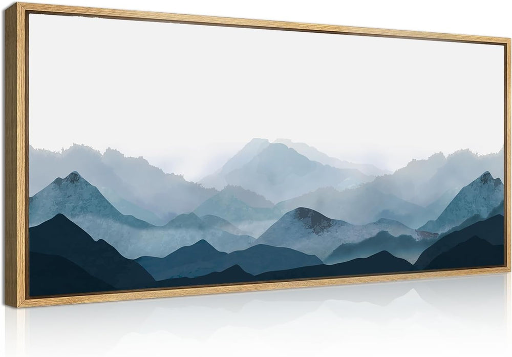 Blue Framed Mountain Landscape Wall Art Fog Mountain Painting Wall Decor for ...