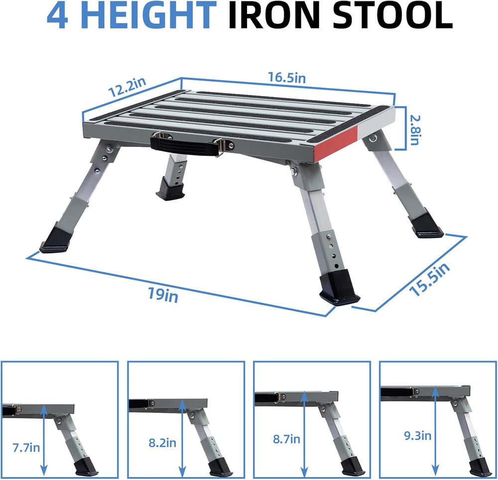 Homeon Wheels Adjustable Iron RV Step Stool, Folding Non-Slip Platform