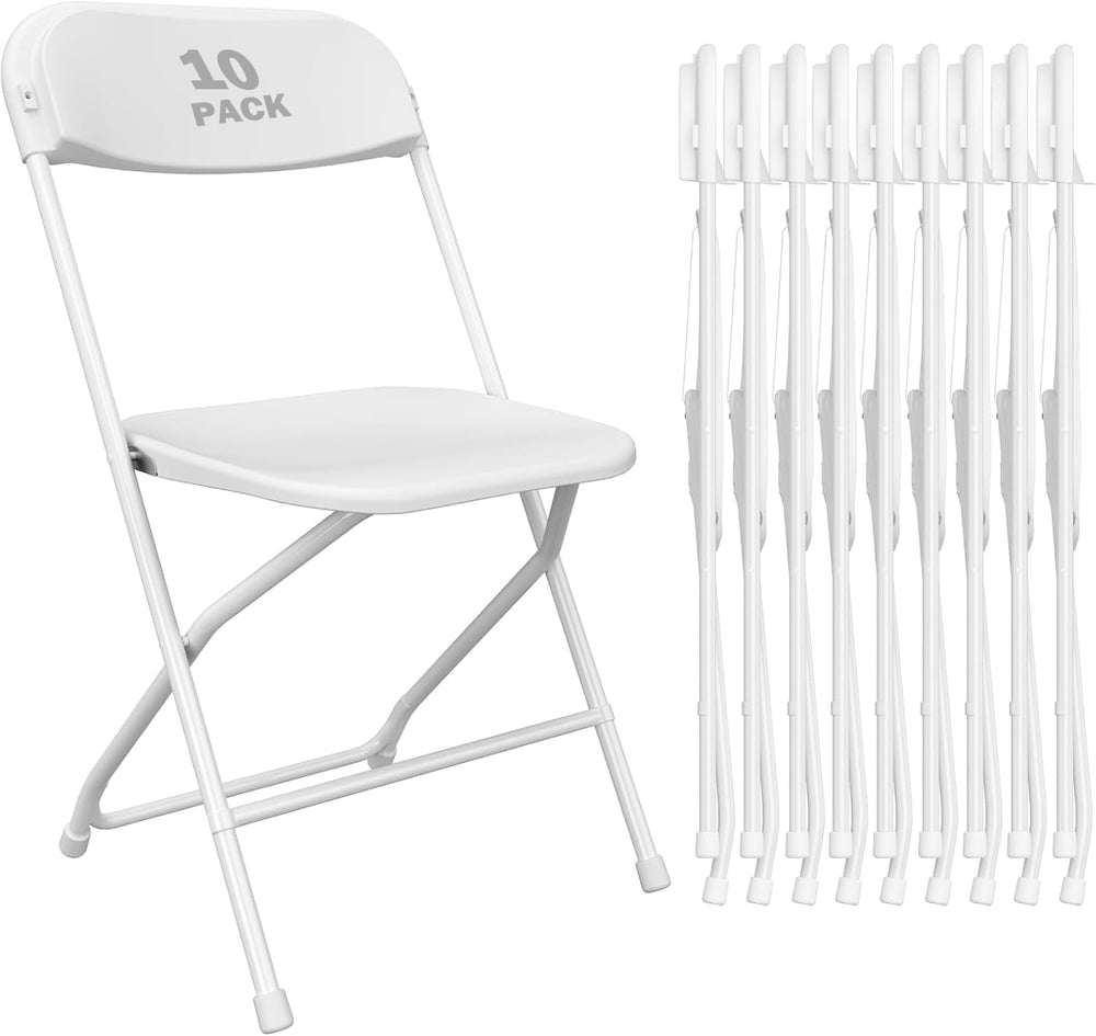 10 Pack White Plastic Folding Chairs,Steel Frame,350lb
