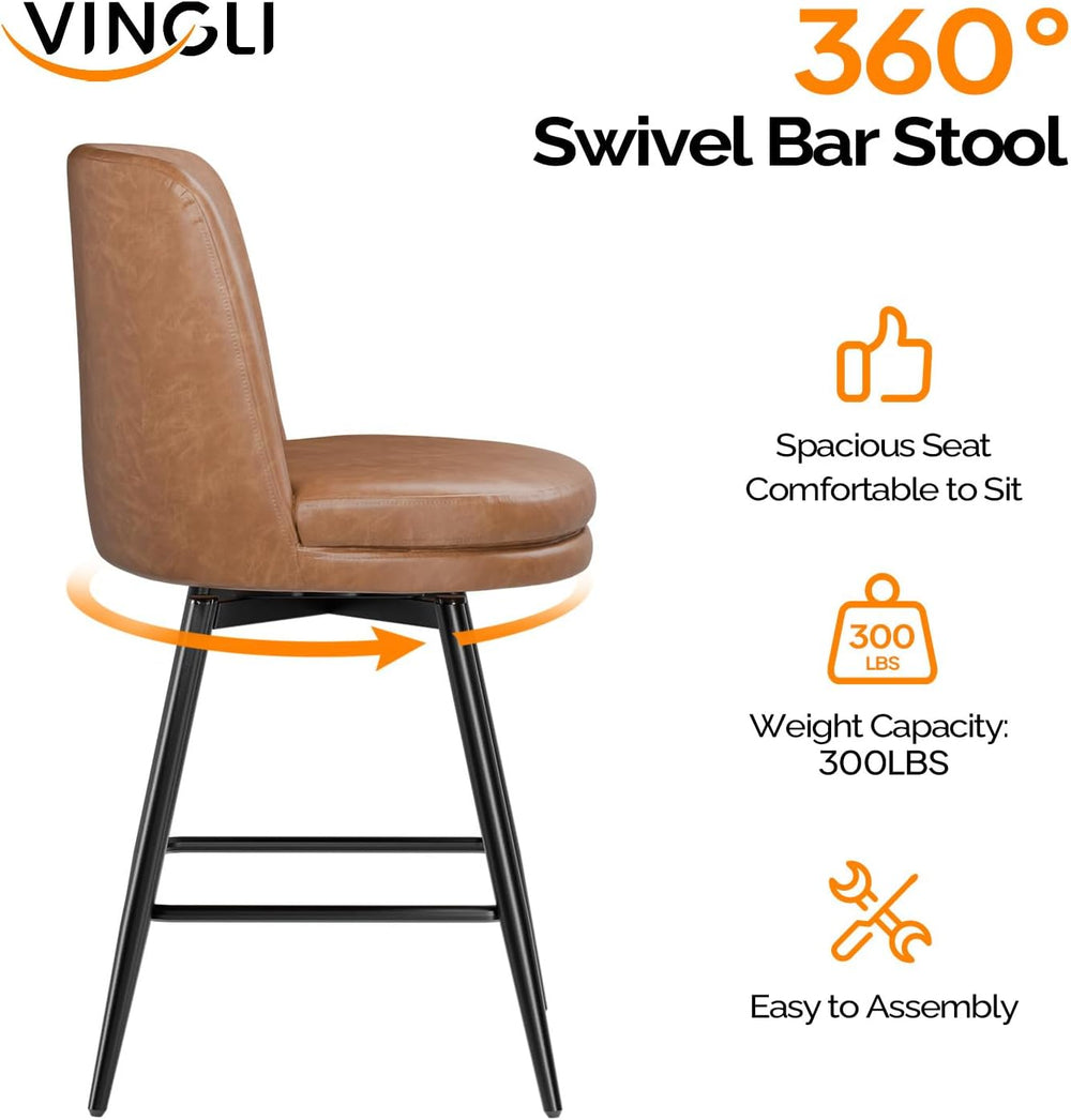 VINGLI 26" H Swivel Barstools Set of 2, PU Faux Leather Upholstered Coun...