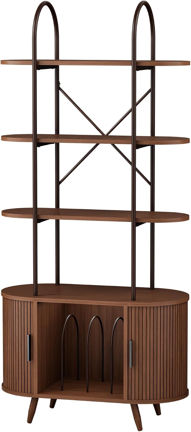 Tall Vinyl Record Player Stand with Sliding Doors, 4 Tier Shelf, Walnut