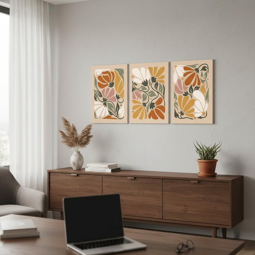 XIGBAWAN 3Pcs Boho Floral Canvas Wall Art, Abstract Flower Wall Decor