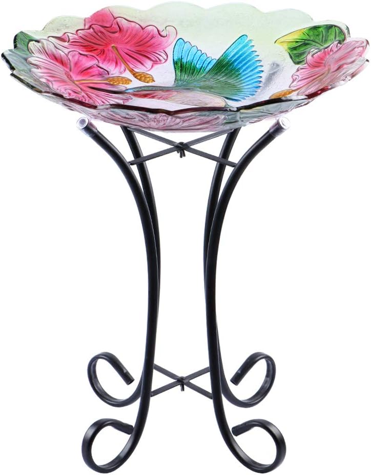 MUMTOP Outdoor Glass Birdbath with Metal Stand for Garden Hummingbird Decor