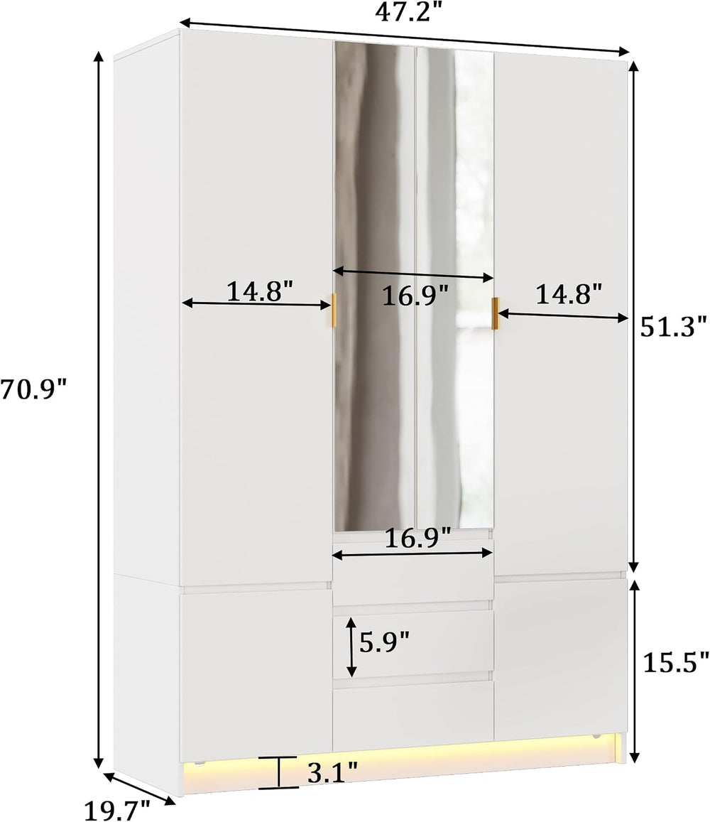 PAKASEPT 4 Doors Armoire Wardrobe Closet with Led Light & Mirror, Bedroom...