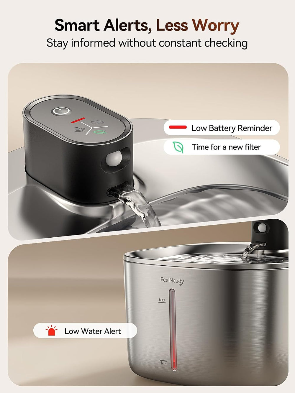 FEELNEEDY Wireless Cat Water Fountain Stainless Steel with Sensor, 4000mAh Ba...