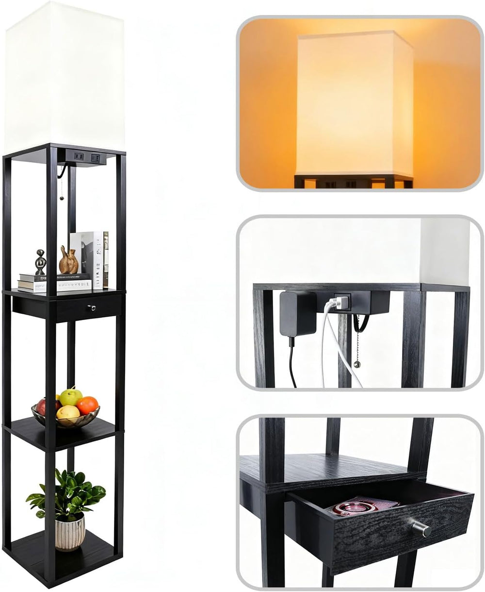 Shelf Floor Lamp with 1 Drawer,2 USB-C Ports,1 AC Outlets, Modern Wood Floor ...