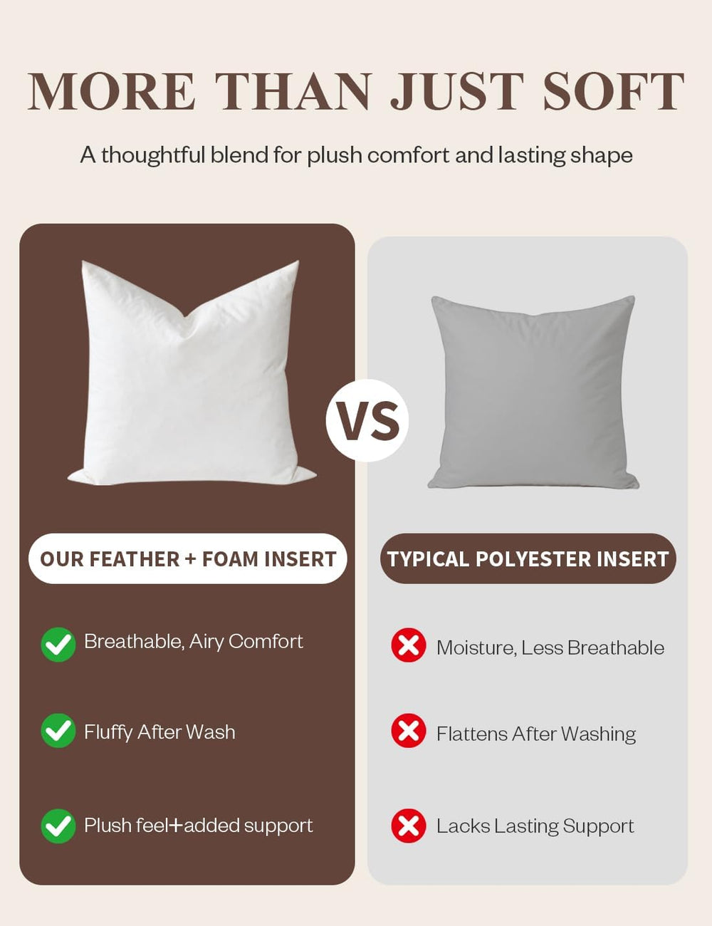Soft Feather Throw Pillow Inserts, 20 x 20 Inches, Set of 2