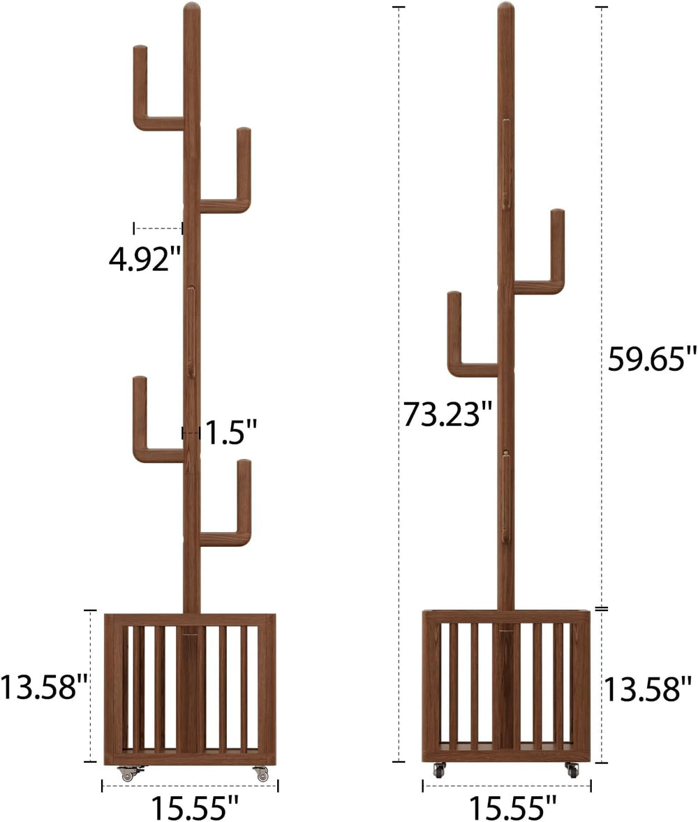 Solid Wood Cactus Coat Rack with 6 Hooks and Storage Basket, Walnut