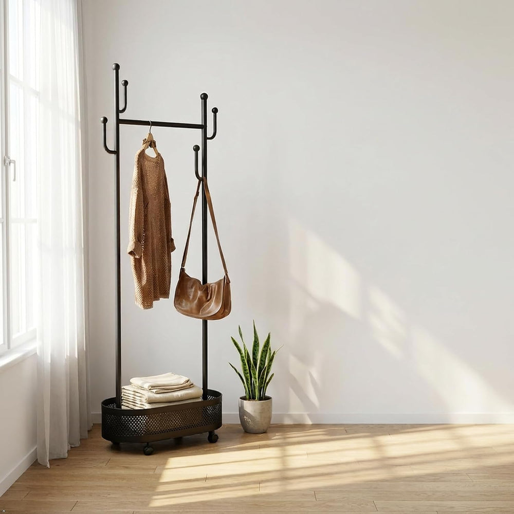 Black Wheeled Cactus Metal Coat Rack Freestanding Garment Organizer