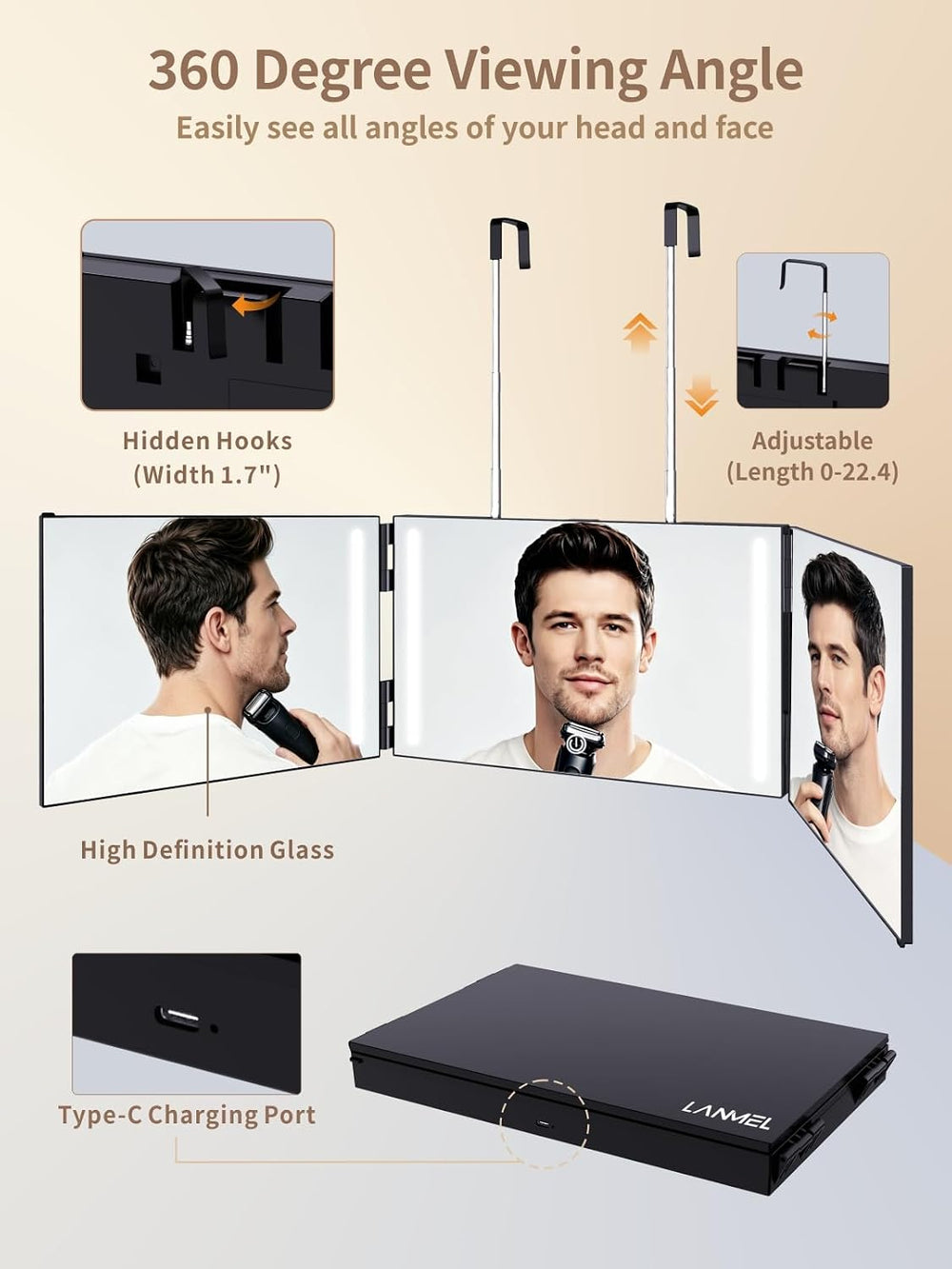 LANMEL 3 Way Mirror with Lights,360 Mirror for Haircuts for Men