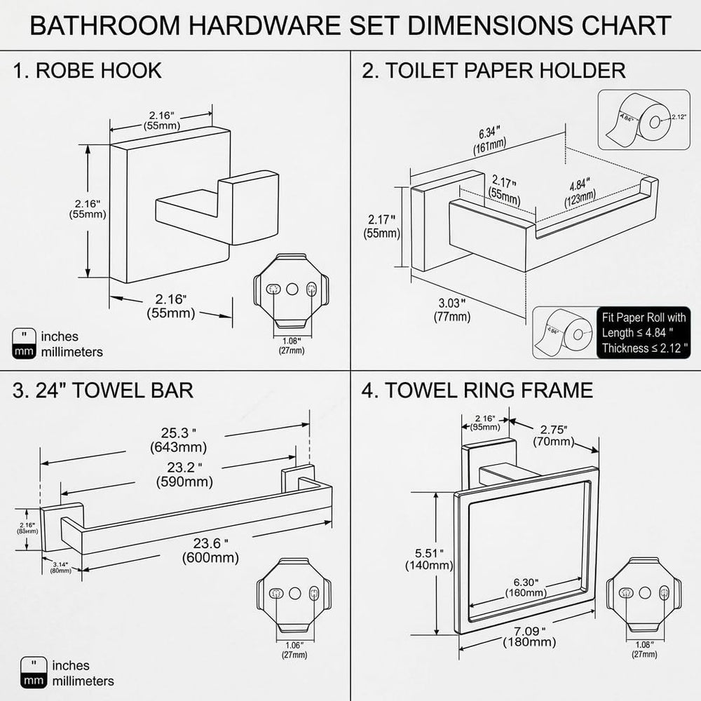 5-Piece Bathroom Hardware Set, 23.6 in Towel Bar, Matte Black