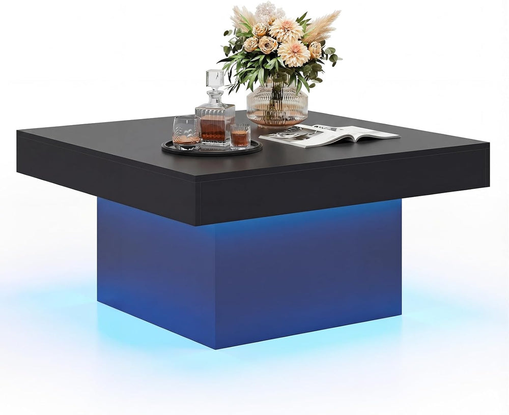 GOFLAME LED Coffee Table for Living Room, Square, Modern High Glossy, Black