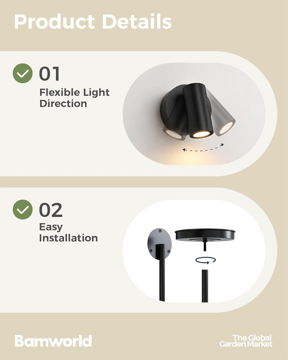 Bamworld Wall Plant Holder with Lights, Black, 3pcs