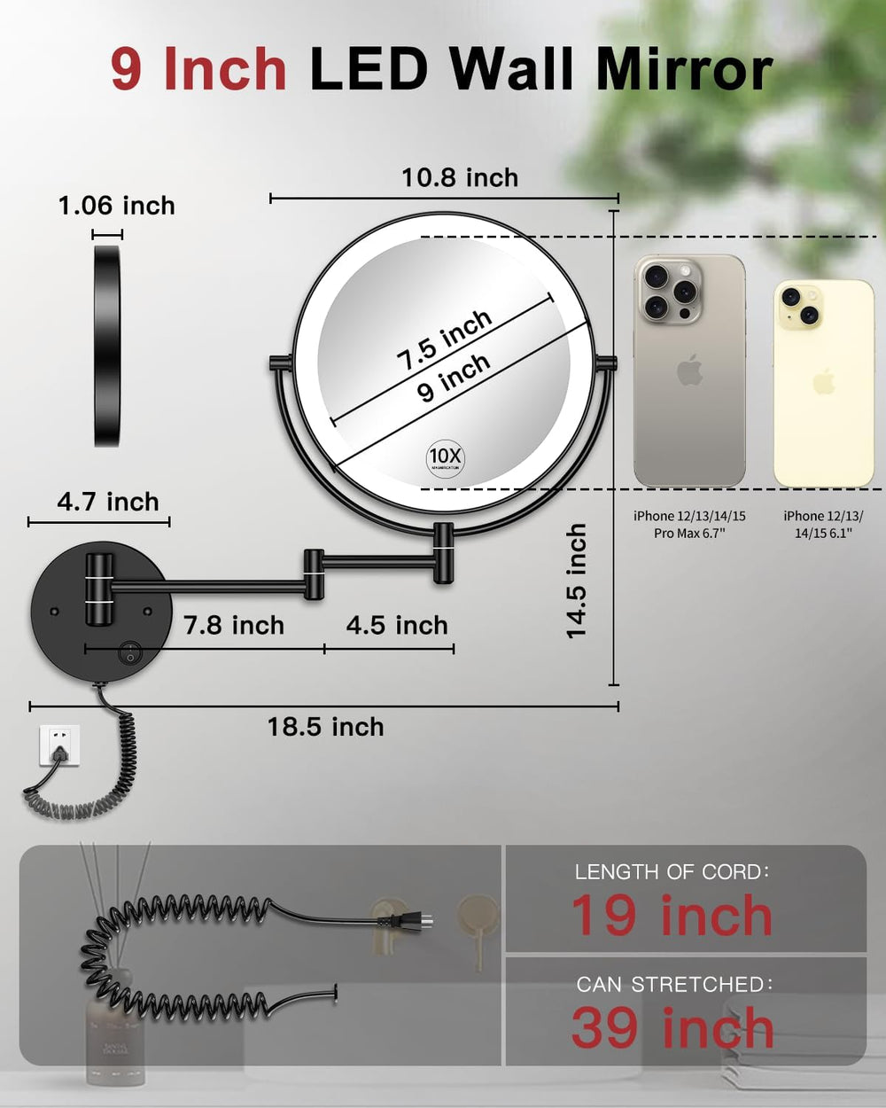 Gospire 9" Wall Mounted Lighted 10X Magnification Double-Sided LED Mirror
