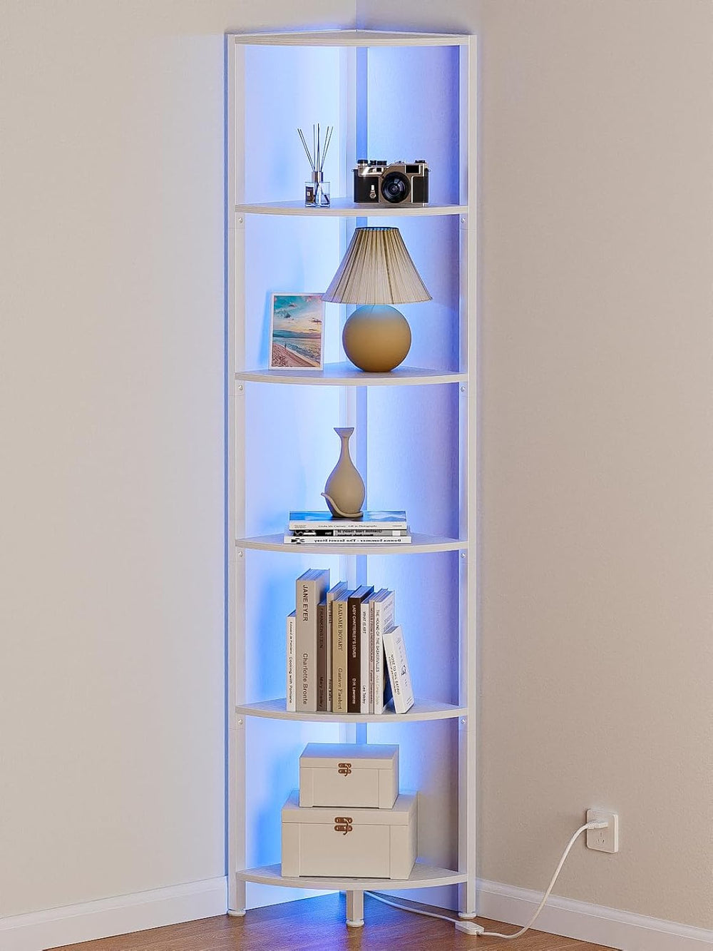 Furnulem 6 Tier Corner Shelf with LED Light, 67.5" White Narrow Bookshelf
