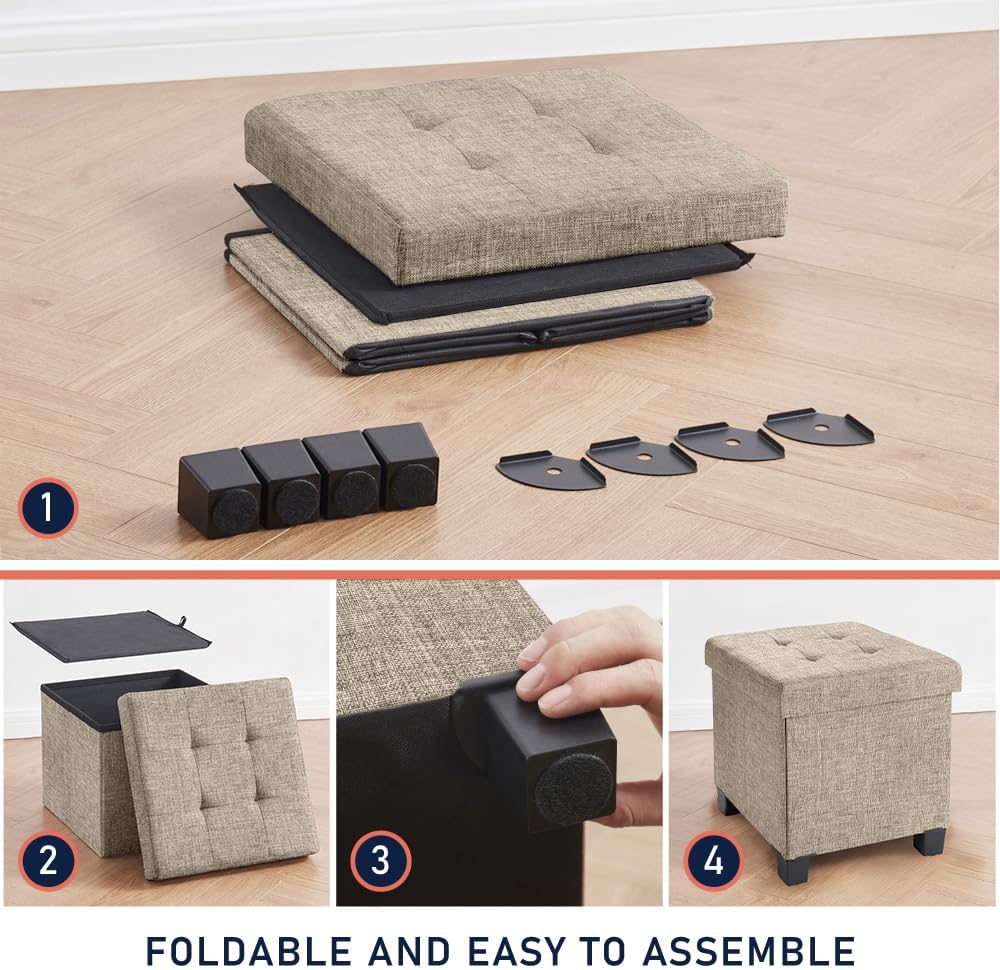 Ornavo Home 15" Square Folding Storage Ottoman Cube with Legs, Taupe
