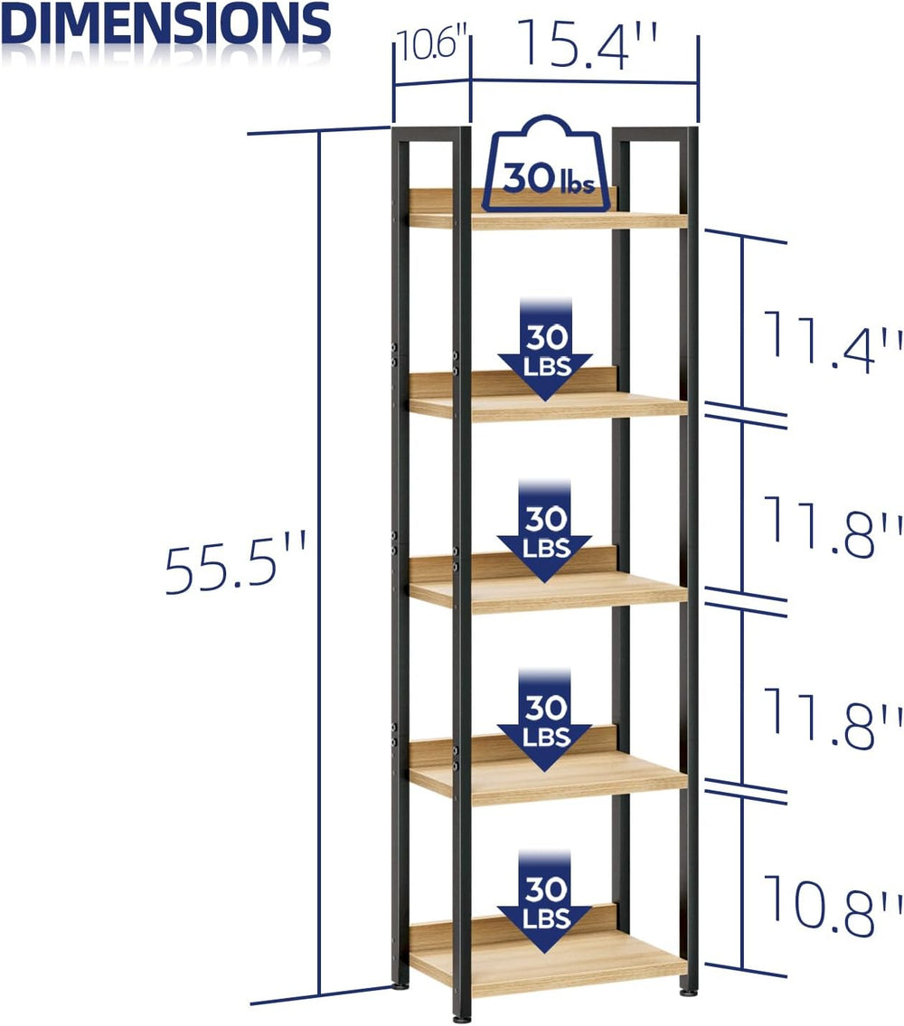 NUMENN Narrow Bookshelf, 5 Tier Freestanding Shelving Unit, Natural