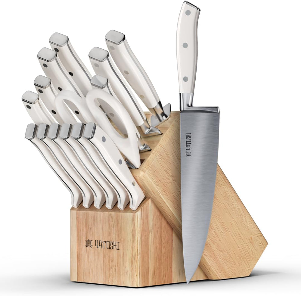 Yatoshi 15 Piece White Knife Block Set - Pro Kitchen Knife Set Ultra Sharp Hi...