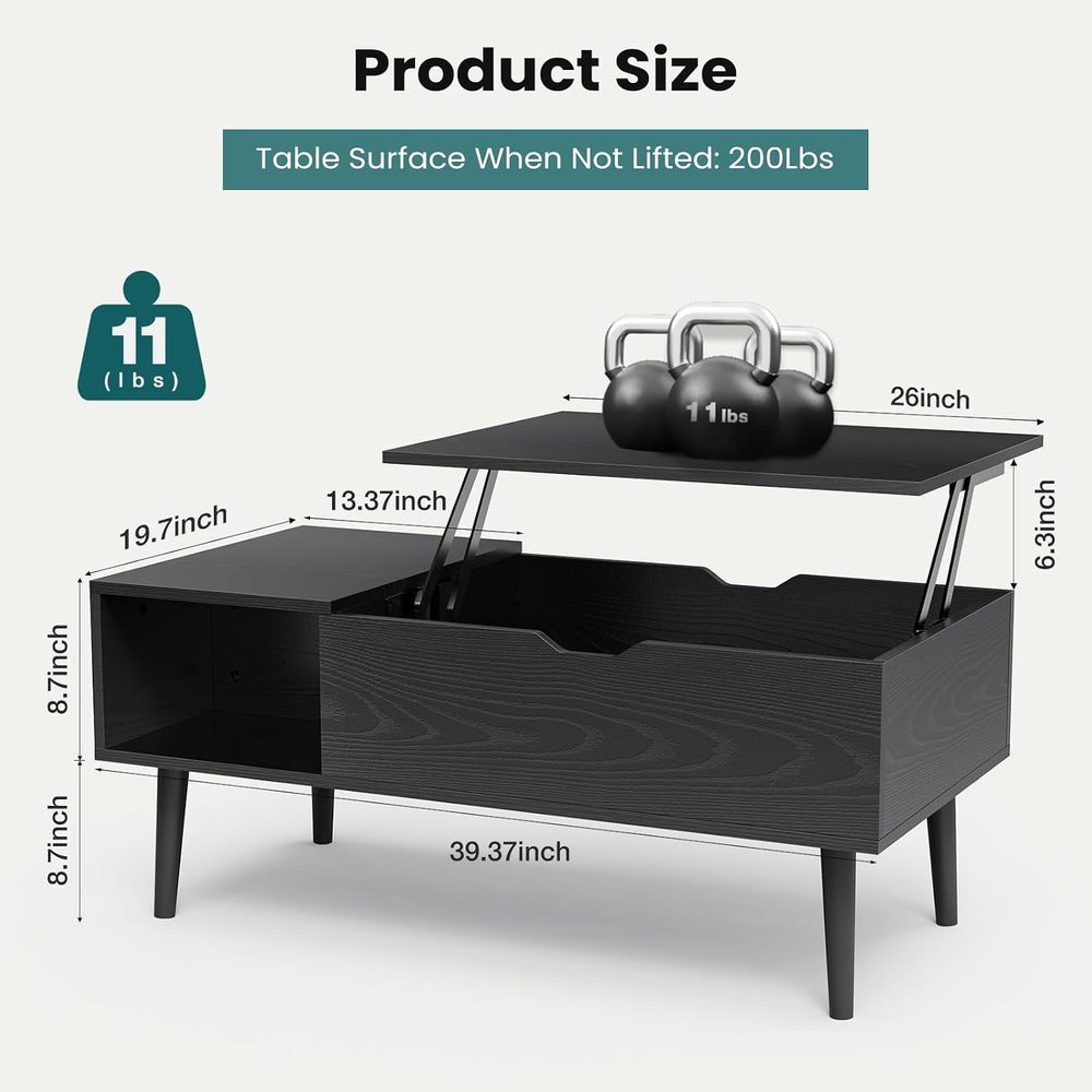 NEWBULIG Wood Lift Top Coffee Table with Storage for Living Room, Black