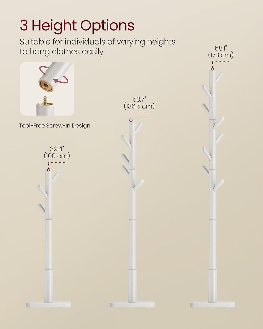 VASAGLE Solid Wood Coat Rack, Free Standing, 8 Hooks, 3 Height Options