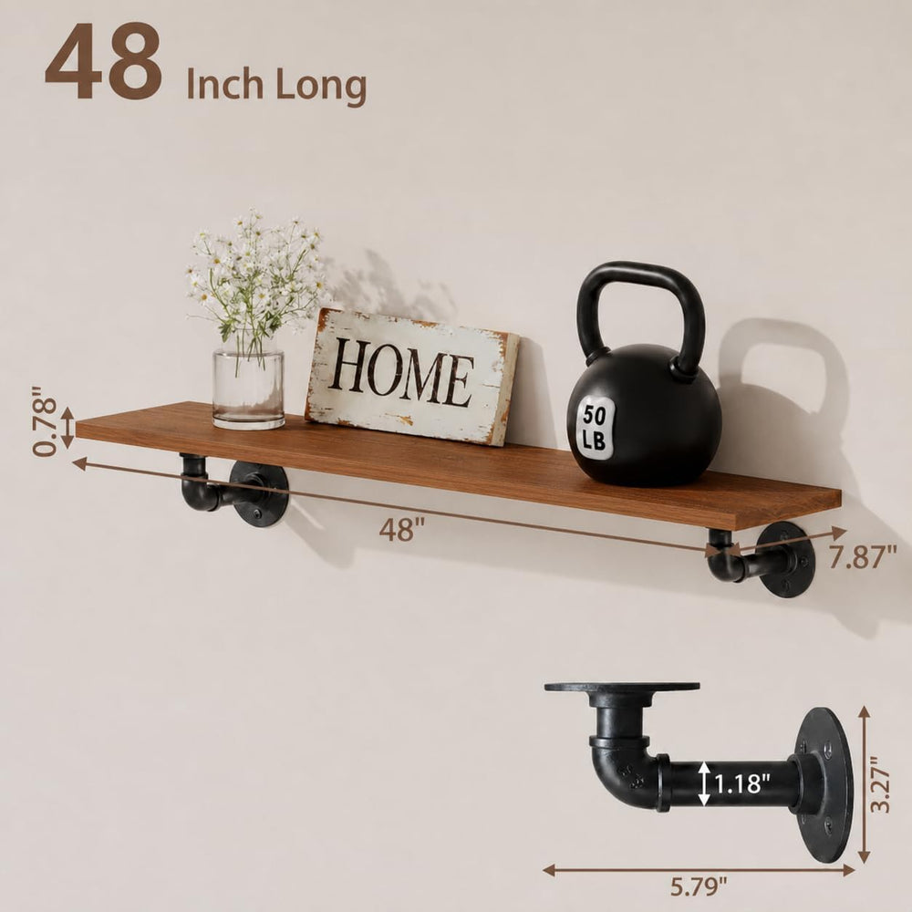 IEO Industrial Pipe Shelving 48 Inch, 2-Tier Walnut Wall Mounted Shelves