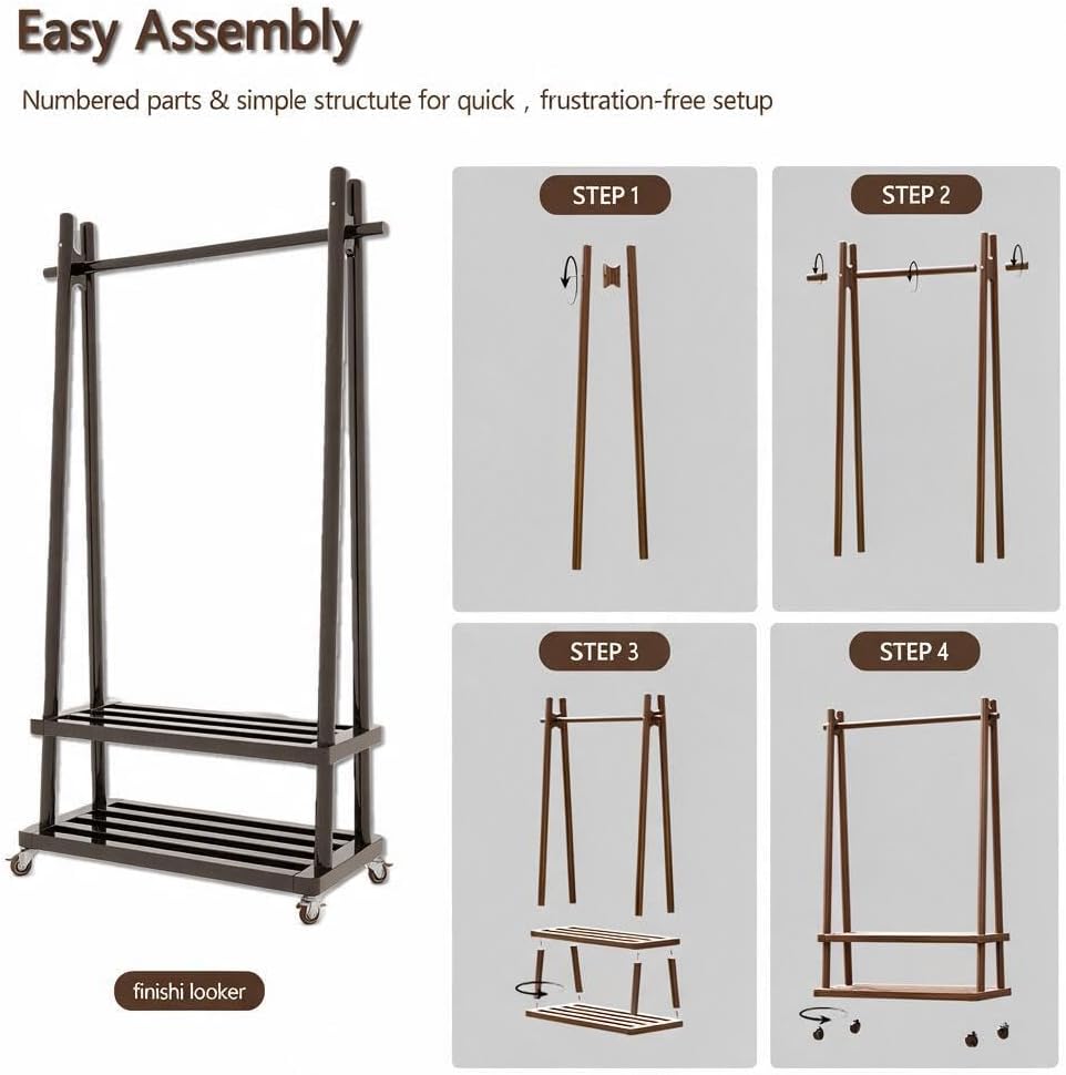 Solid Wood Clothing Rack with Wheels, Garment Rack Shelves, 31.5"W BLACK