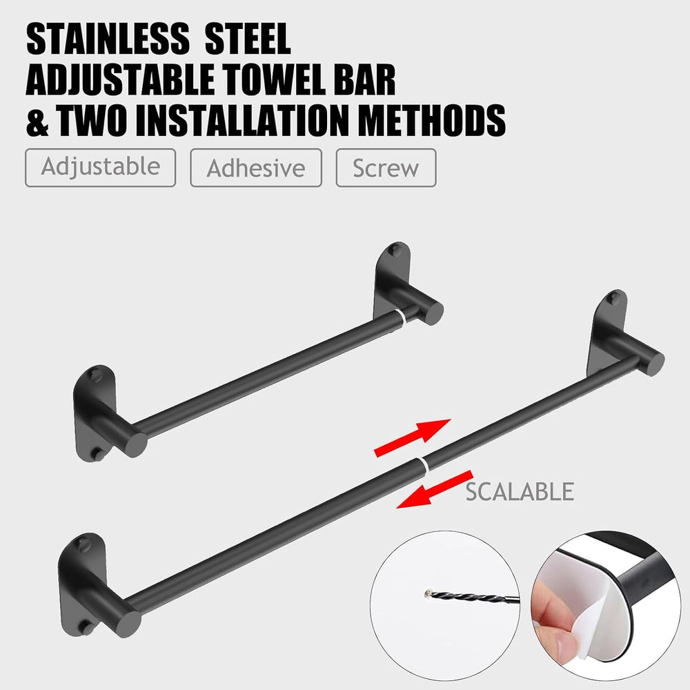 Towel Bar, Adhesive or Drill Wall Mount, Matte Black, 2 Pack