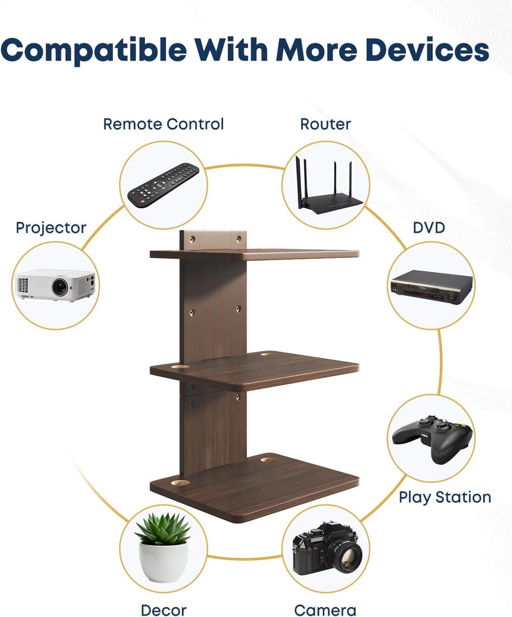 Floating TV Projector Shelf Wall Mount - 3 Tier Wooden Shelf, Walnut Brown