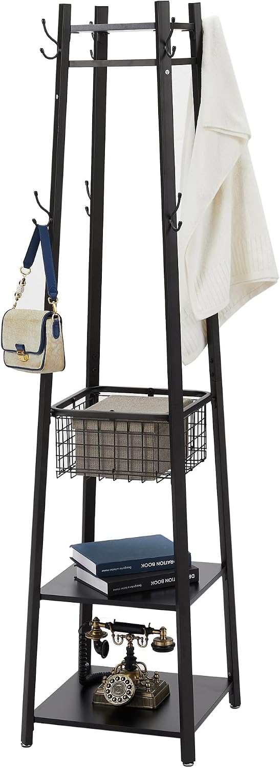 VECELO Coat Rack Freestanding,Hall Tree with Metal Basket and Storage Shelves...