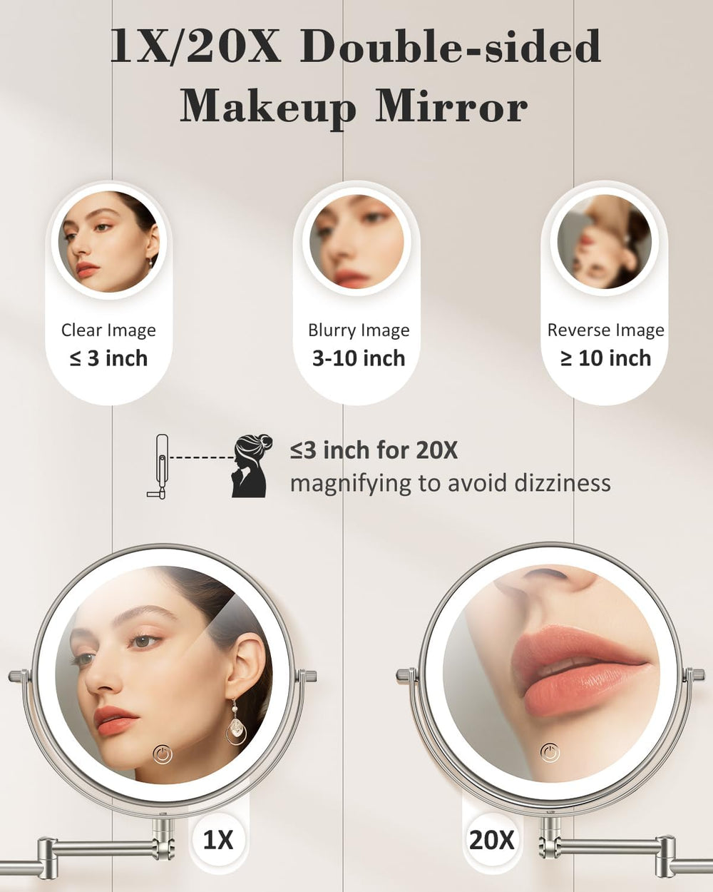 20X 9" Wall Mounted Magnifying Makeup Mirror with Light Height Adjustable