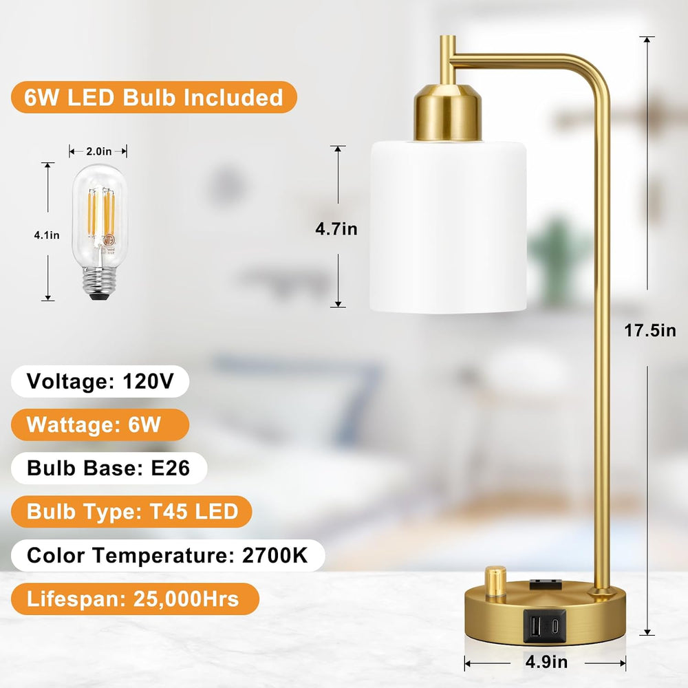 Innqoo Gold Lamp for Bedroom - Industrial Bedside Table Lamp with USB Port an...
