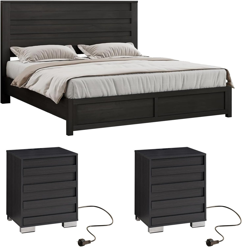 LUXOAK 3 Piece Slatted Bedroom Set Queen Bed Frame & 2 Nightstands, Black