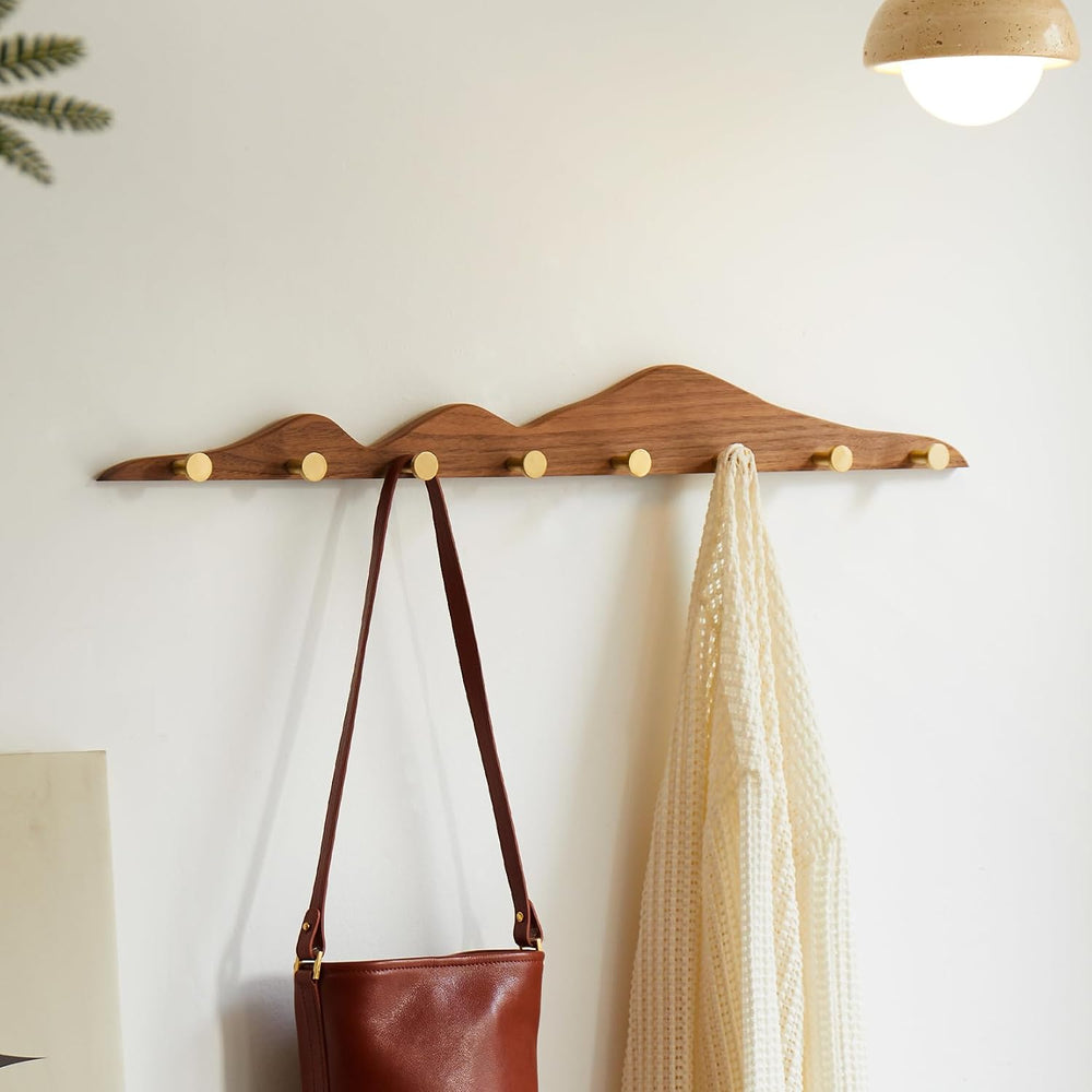 Wall Coat Rack, Walnut Wood, 8 Hooks