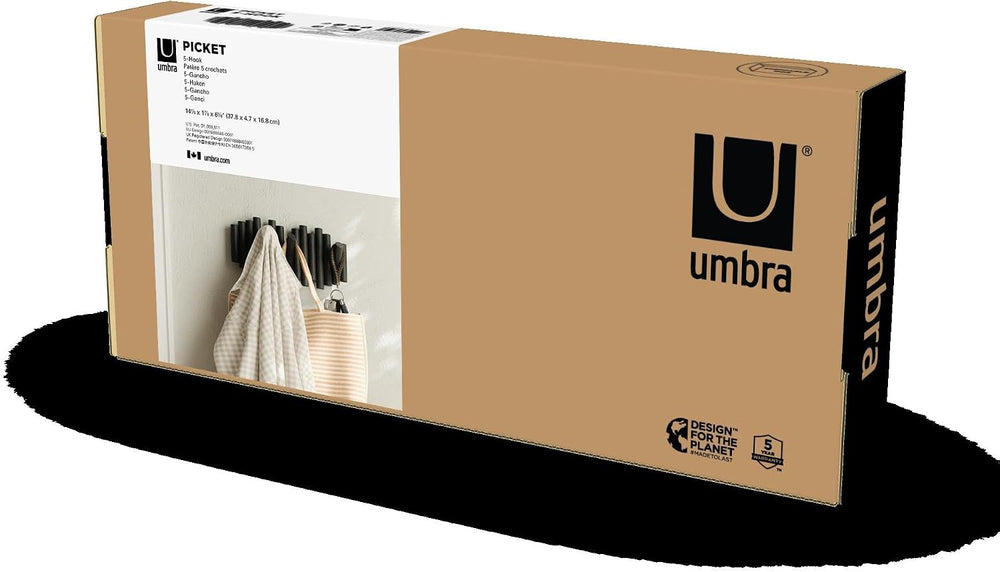 Umbra Picket Wall-Mounted Coat Rack Rail Hook with 5 Retractable Wood Pegs – ...
