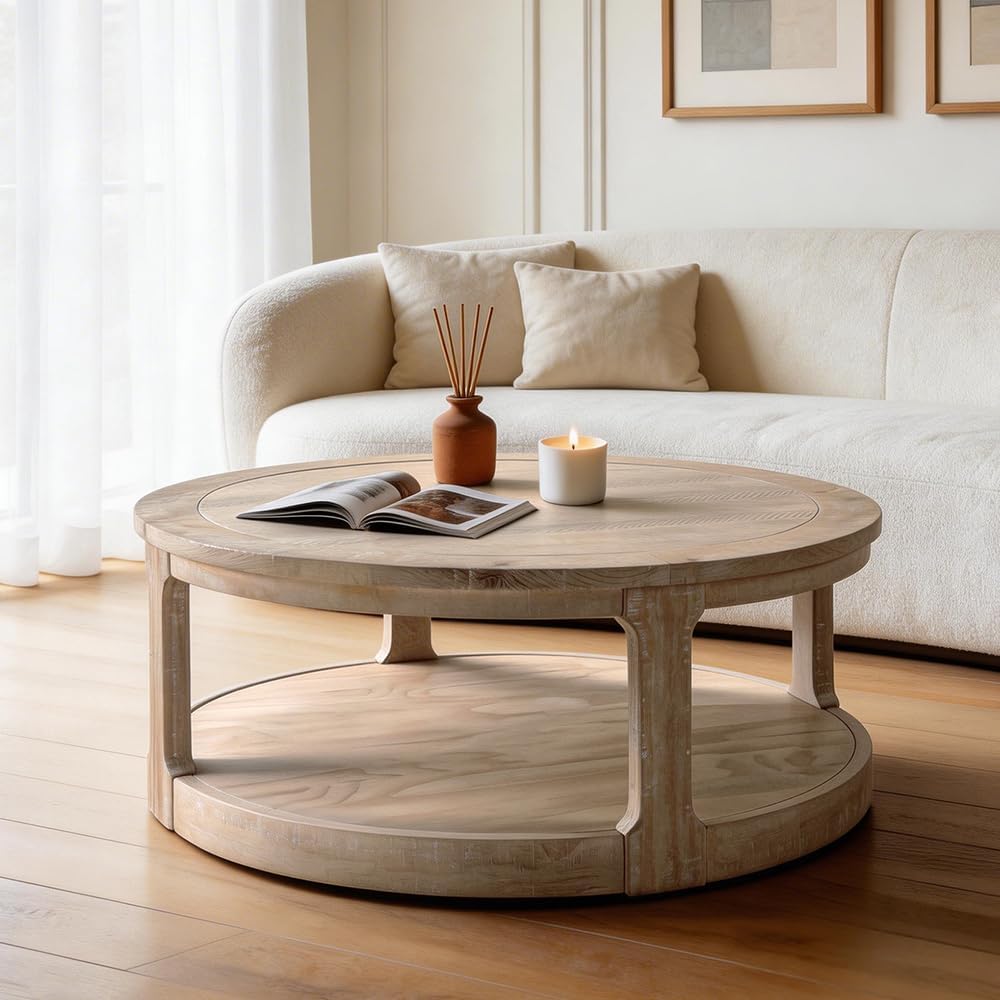 WILLIAMSPACE 40" Round Coffee Table with Wheels, Circle 2 Tier Solid Woo...